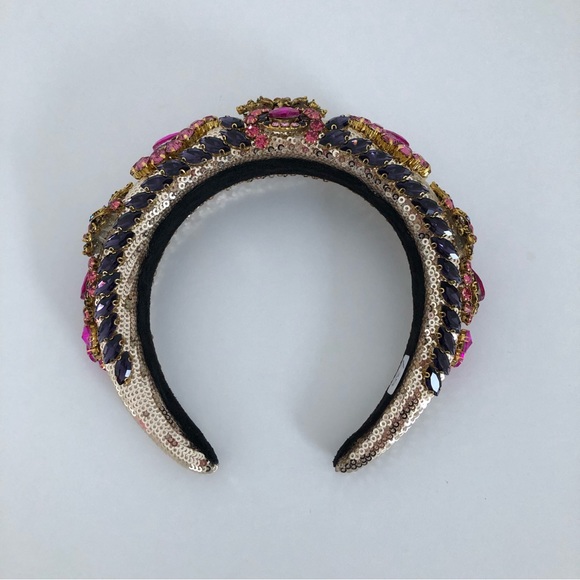 Handmade Hairband Headband Gold Pink Multicoloured Rhinestone Wedding Occasion - Picture 7 of 16